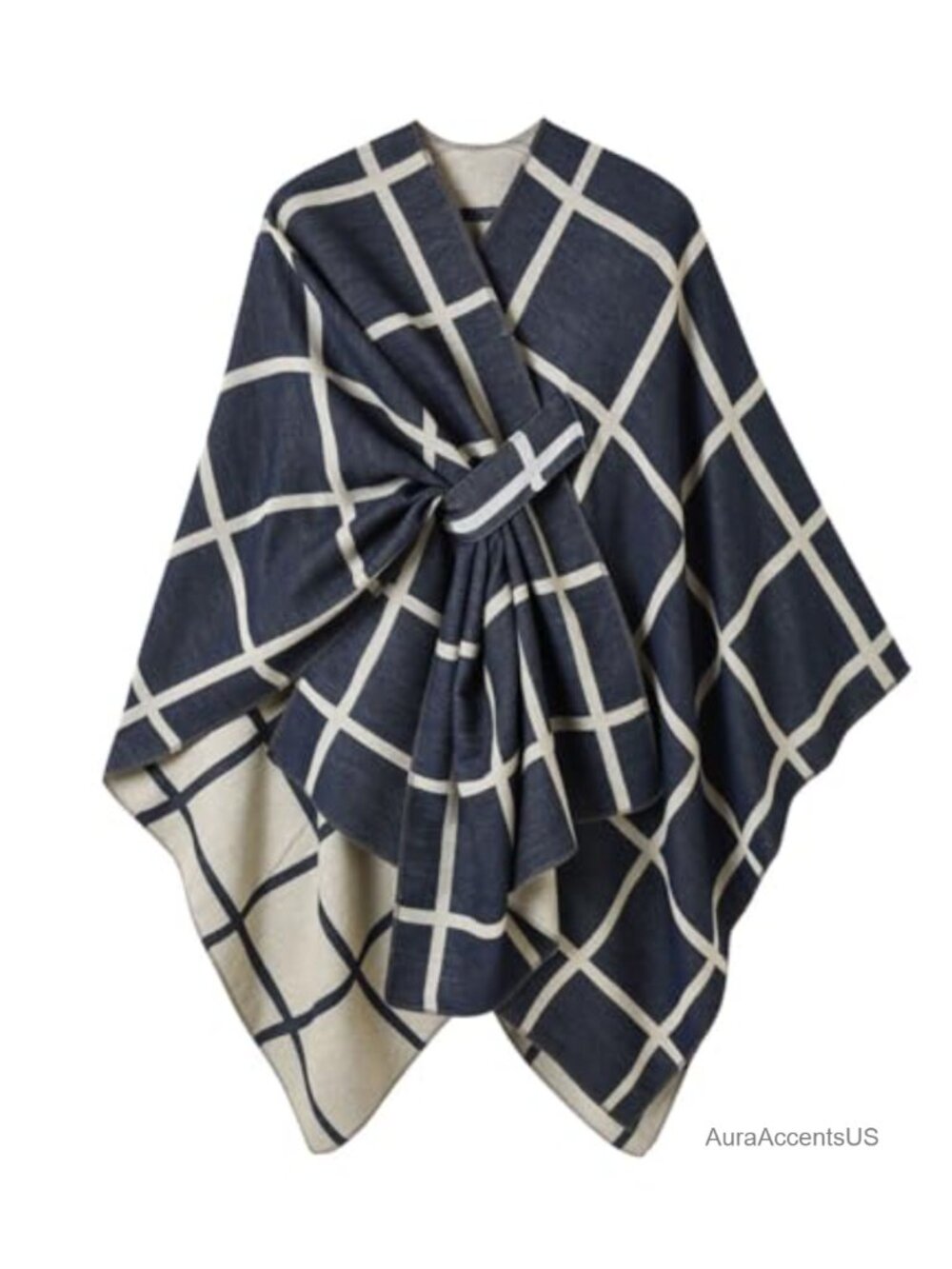 Plaid Open Front Poncho Shawl Wrap Lightweight Acrylic Travel Scarf Women